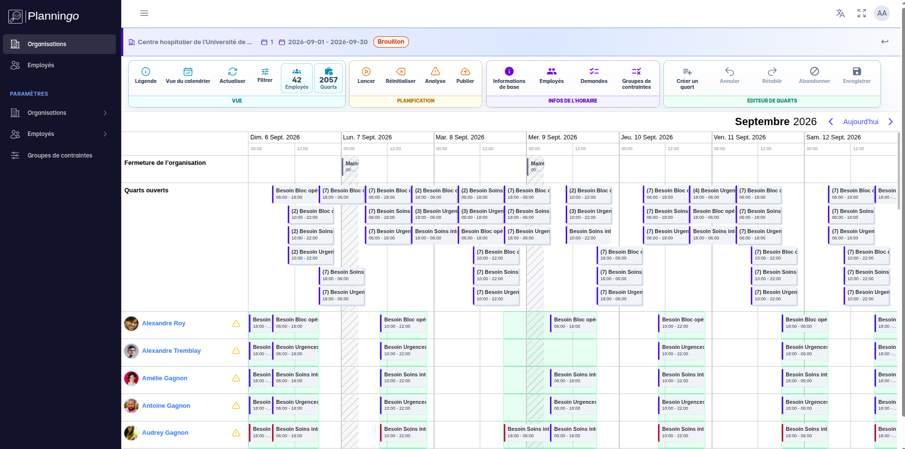 Interface Planningo montrant un calendrier de planification avec des quarts ouverts et assignés