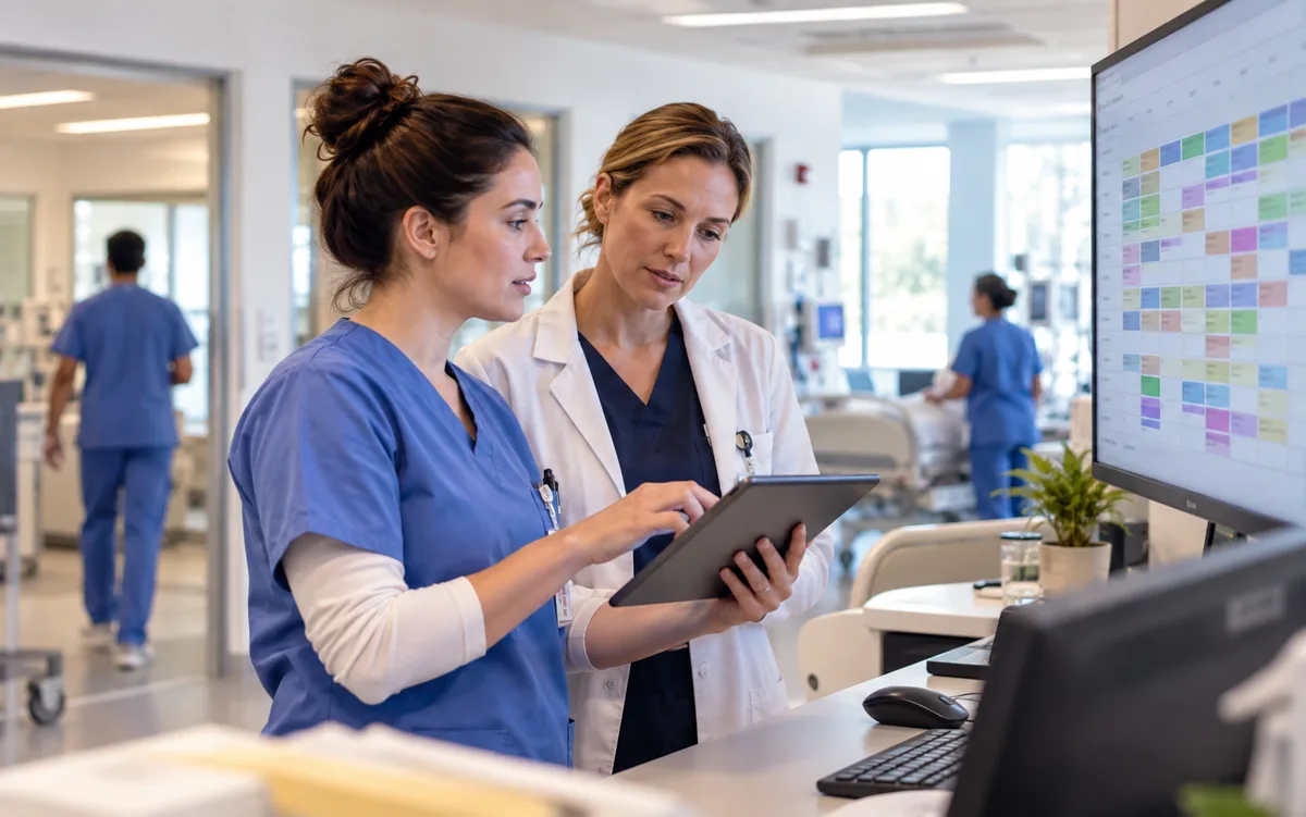 Gestionnaires de santé consultant un horaire sur tablette