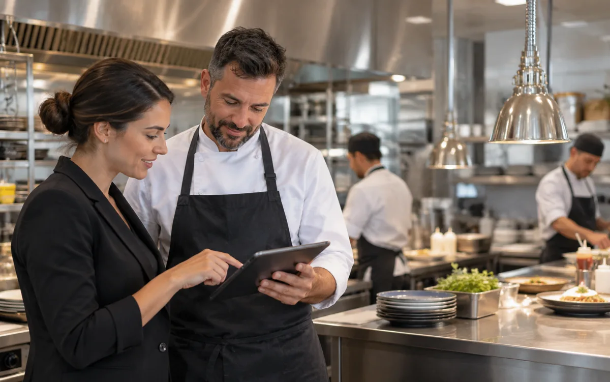 Gestionnaire de restaurant consultant un planning avec un chef